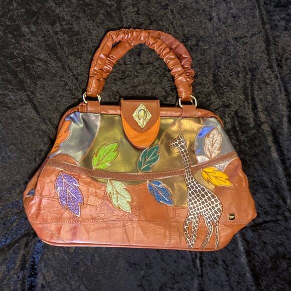 Vintage Leather Giraffe Embroidered Patchwork Metallic Embossed Purse Leaf Gold - Picture 2 of 14